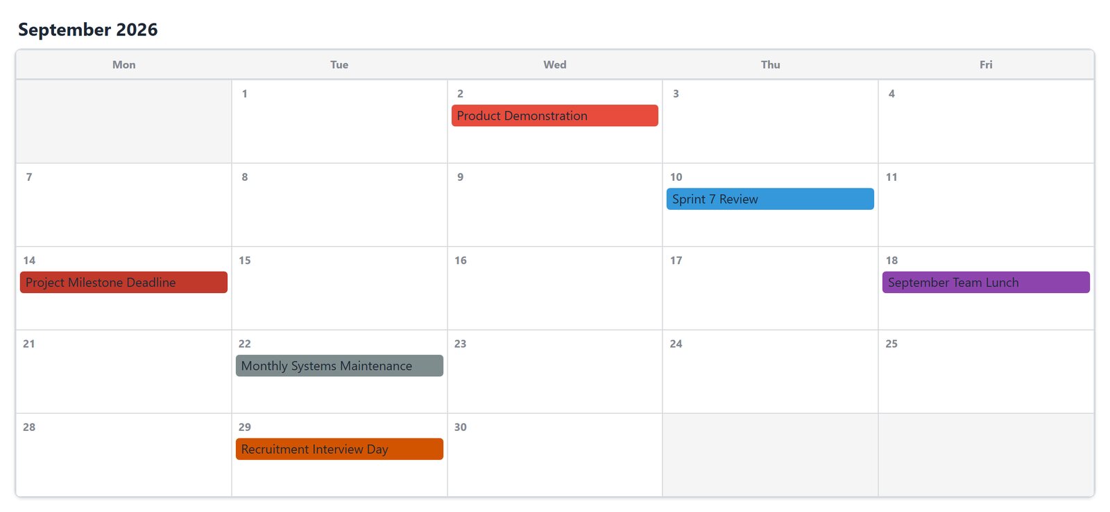 Monthly calendar for September 2026 with color-coded events: product demonstration, sprint review, milestone deadline, team lunch, maintenance and interview day