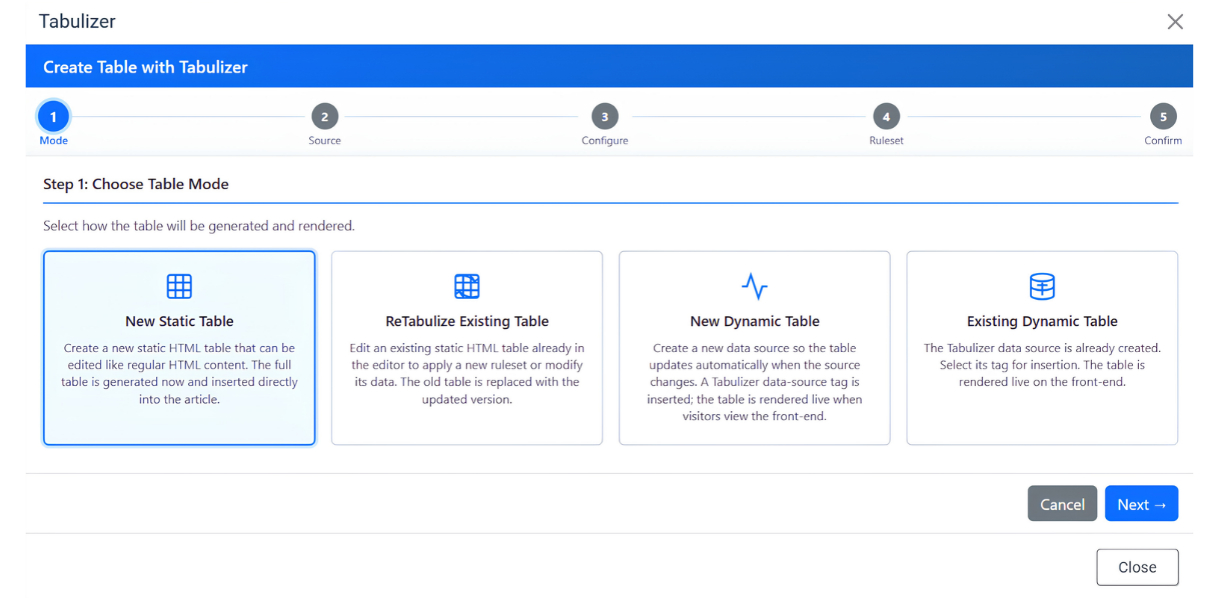 Tabulizer editor window, step 1: choose Static Table or Dynamic Table