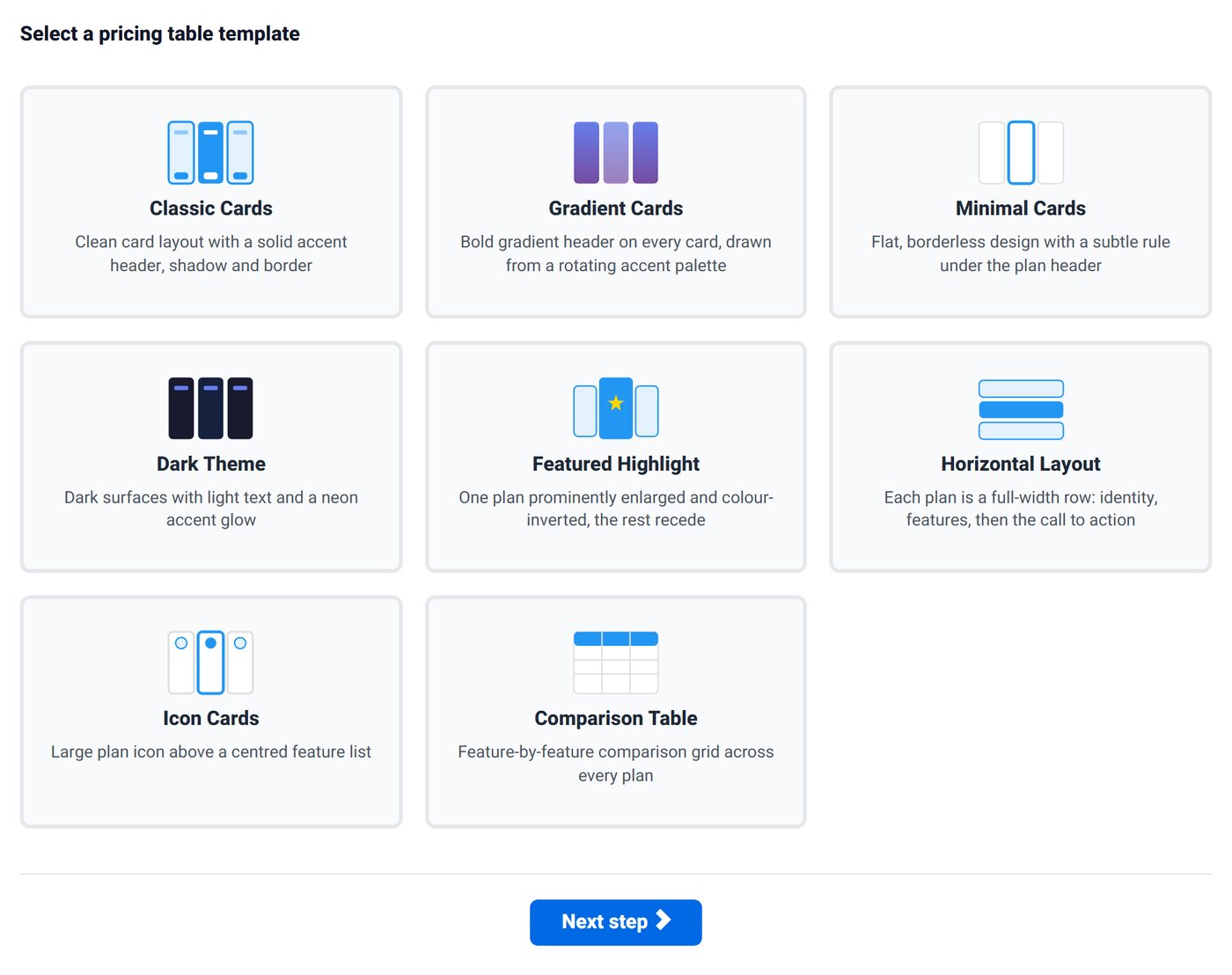 Pricing Table Wizard design gallery with card, horizontal and comparison layouts