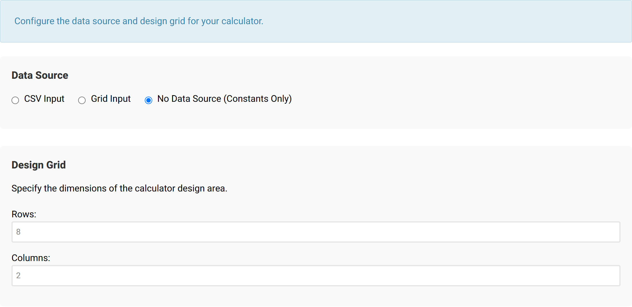 Step 1 showing the three data source choices, a CSV input area and the design grid row and column settings.