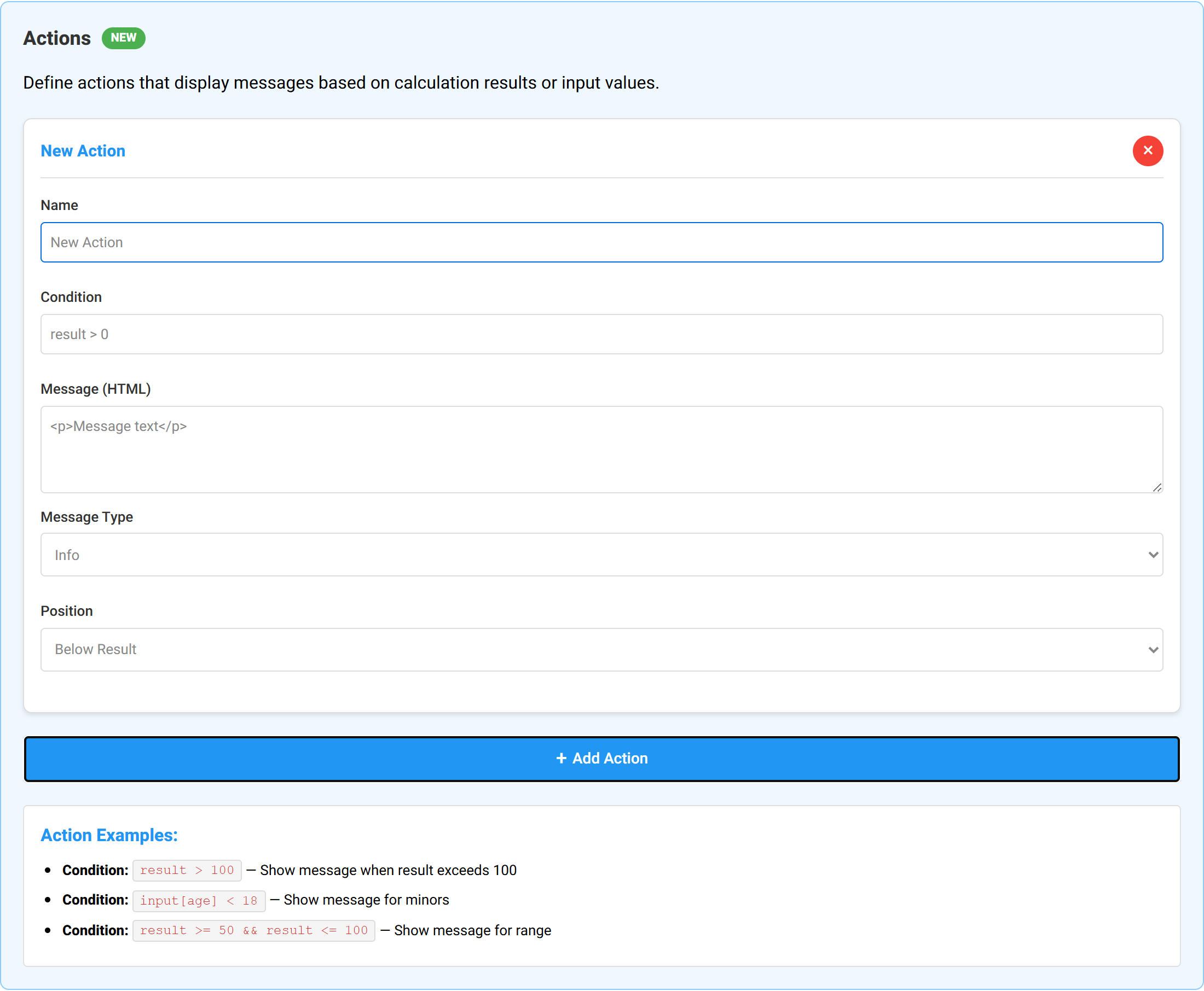 The actions area with an action rule and a list of action examples beneath it.