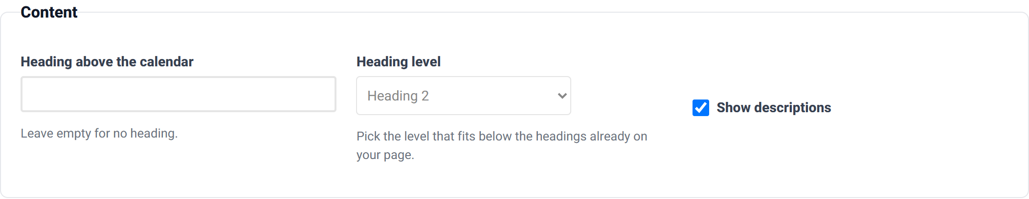 The Content group with a title field, heading level dropdown and show descriptions checkbox.