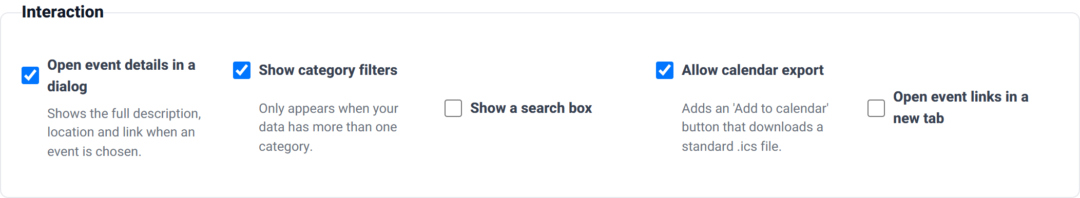 The Interaction group with event dialog, category filters, search box, calendar export and link target checkboxes.