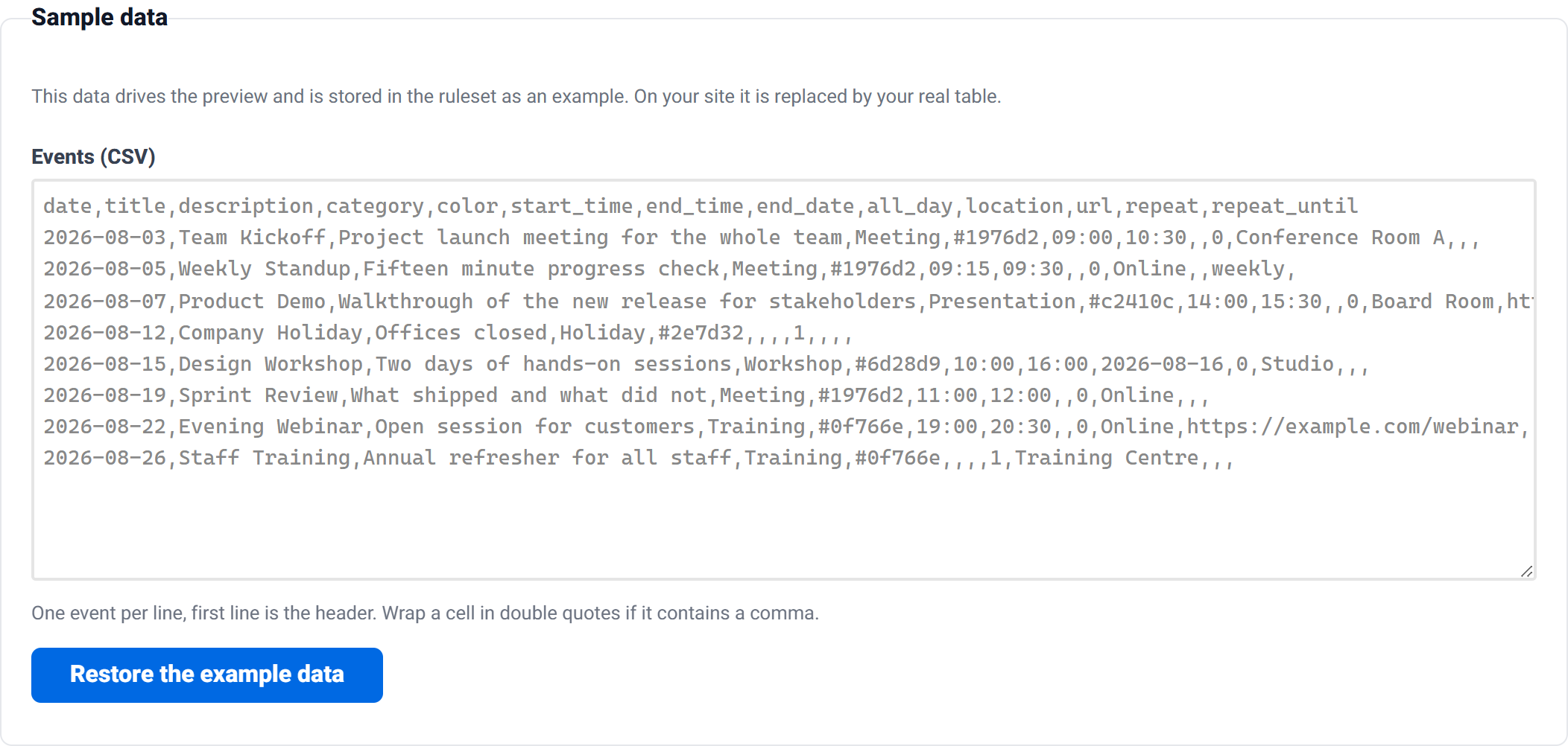 The Sample data group with a CSV textarea containing the sample events and a restore sample button.