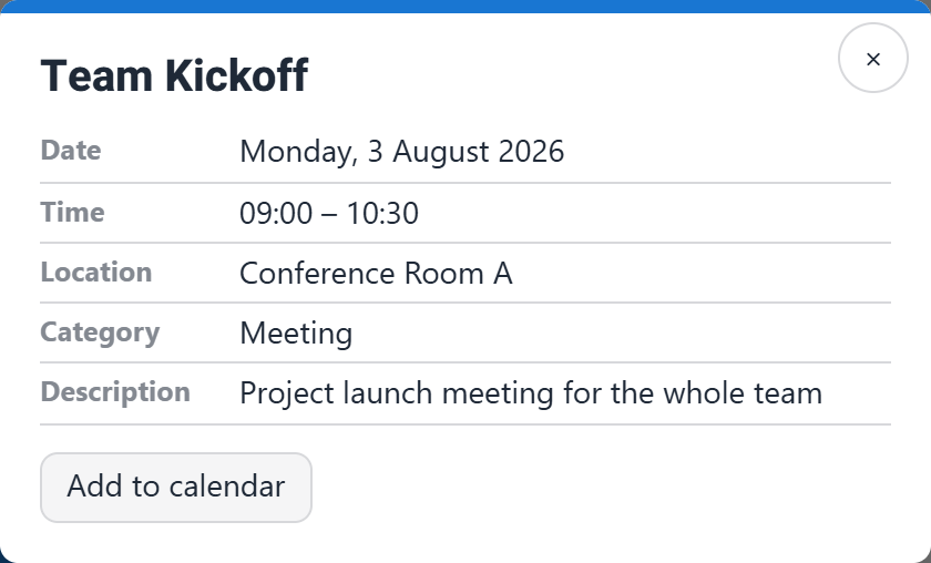The event dialog showing the title Team Kickoff with its date, time, location, category, description and an Add to calendar button.