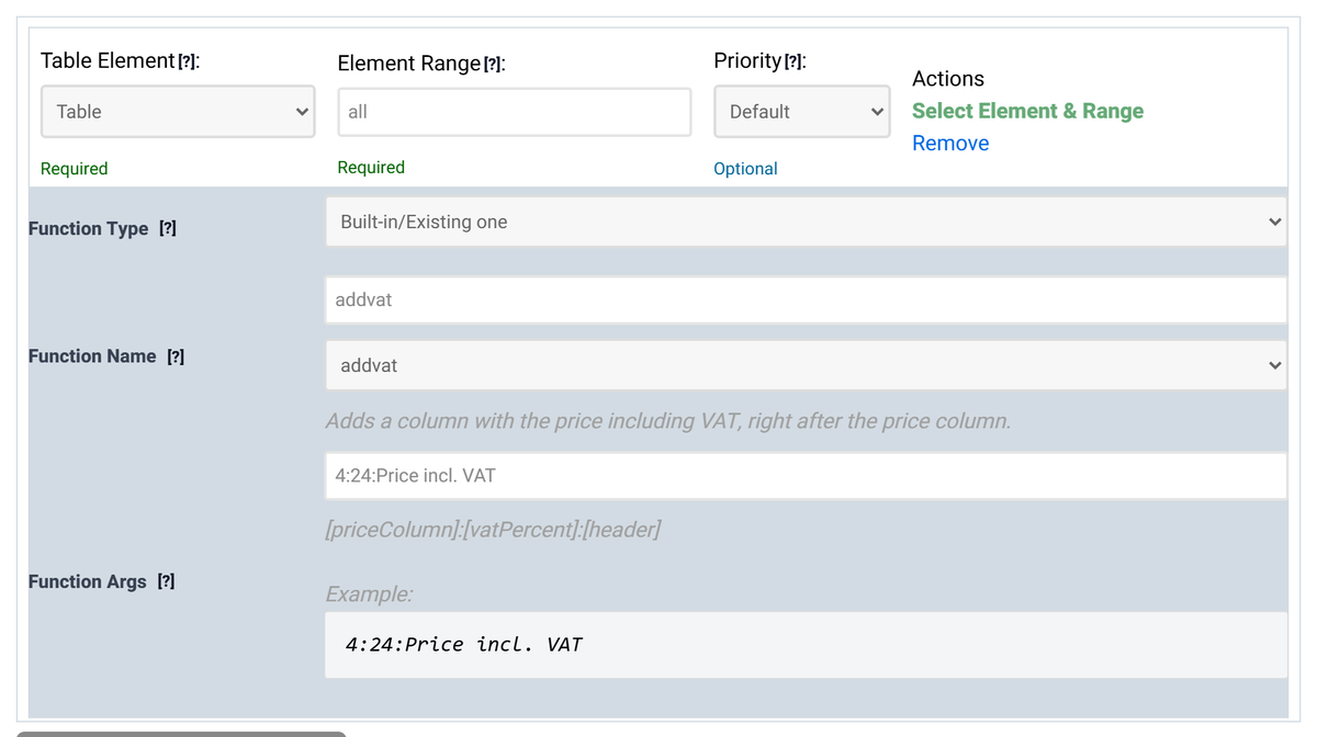 A Data Modification rule with the custom function addvat selected, its description, and the arguments 4:24:Price incl. VAT.