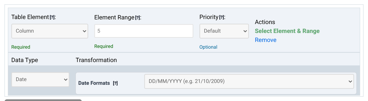 A Data Format rule for Column 5 with Data Type Date and the Date Formats option set to DD/MM/YYYY (e.g. 21/10/2009).