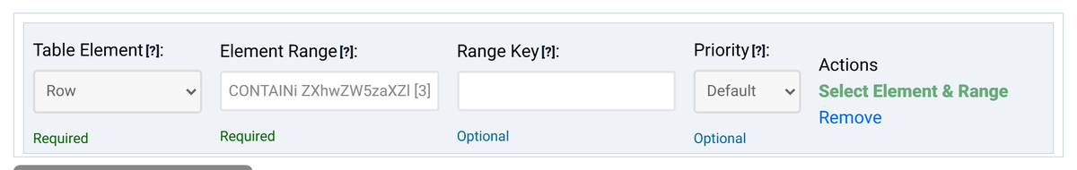 The Data Removal rule after the range selection: Table Element Row and Element Range CONTAINi ZXhwZW5zaXZl [3].