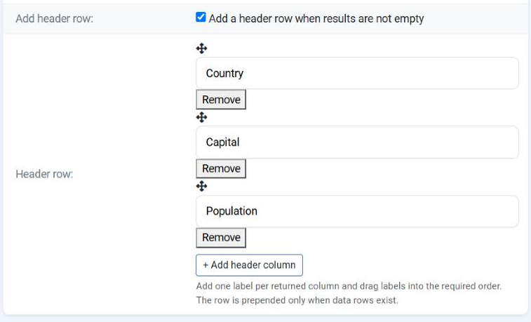 The header row editor of a database data source in the Joomla administrator, with the Add header row box ticked and three labels - Country, Capital and Population - each with a drag handle and a Remove button, above an Add header column button.