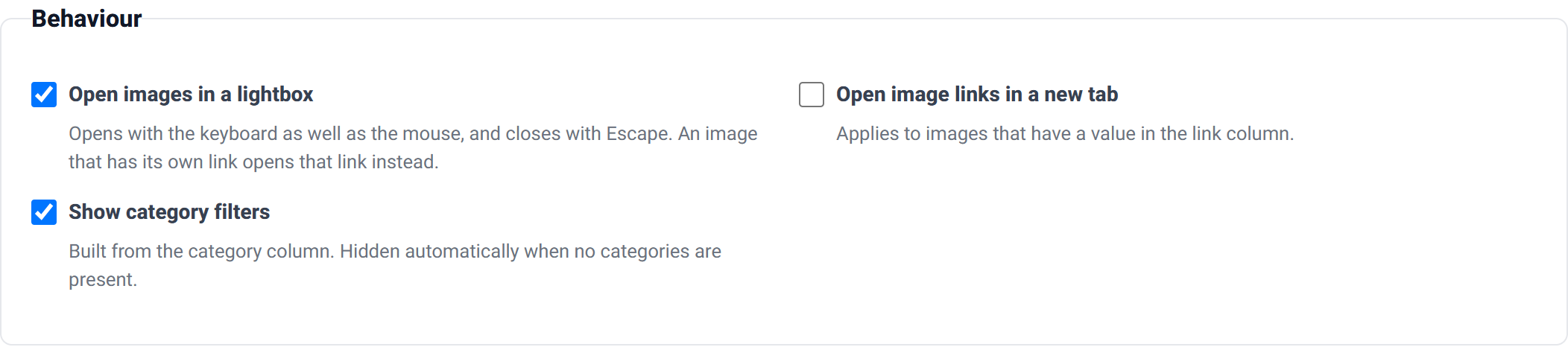 The Behaviour group for Masonry, which adds a show category filters checkbox.