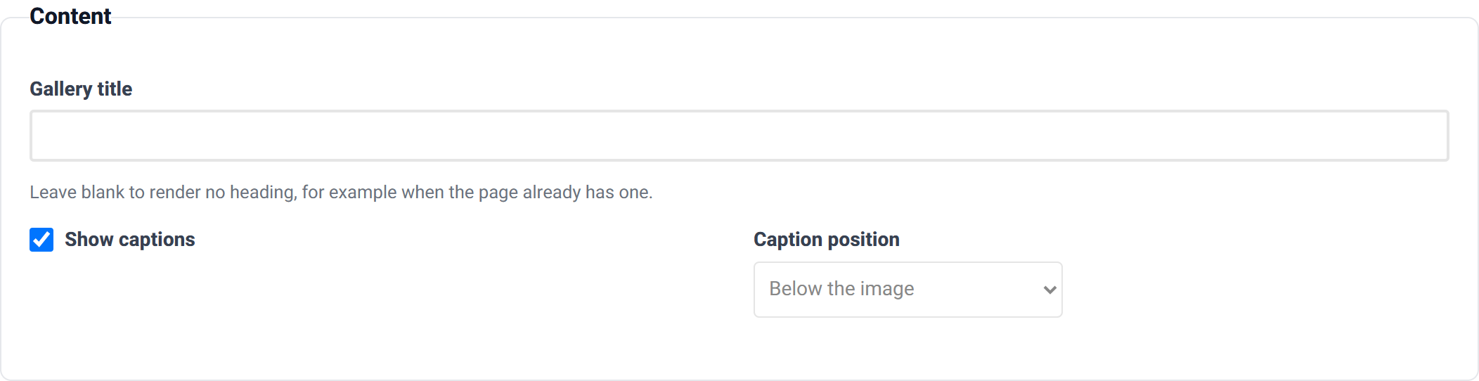 The Content group with a gallery title field, a show captions checkbox and a caption position dropdown.
