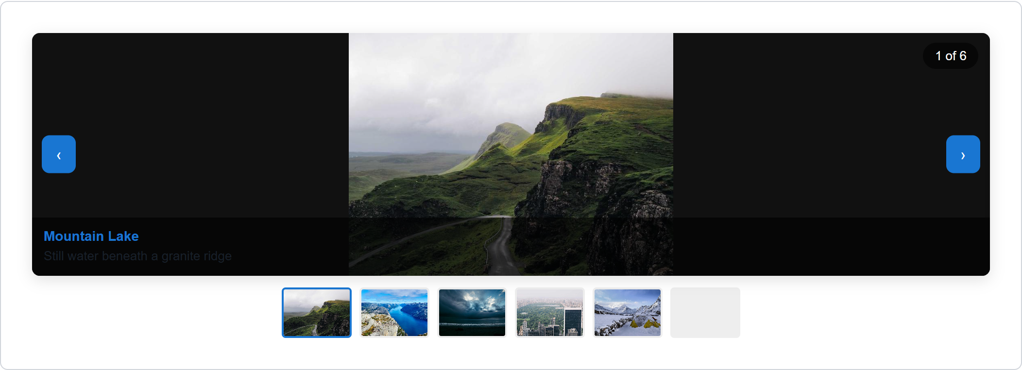The Showcase preview: one large image with navigation arrows and a thumbnail strip below.