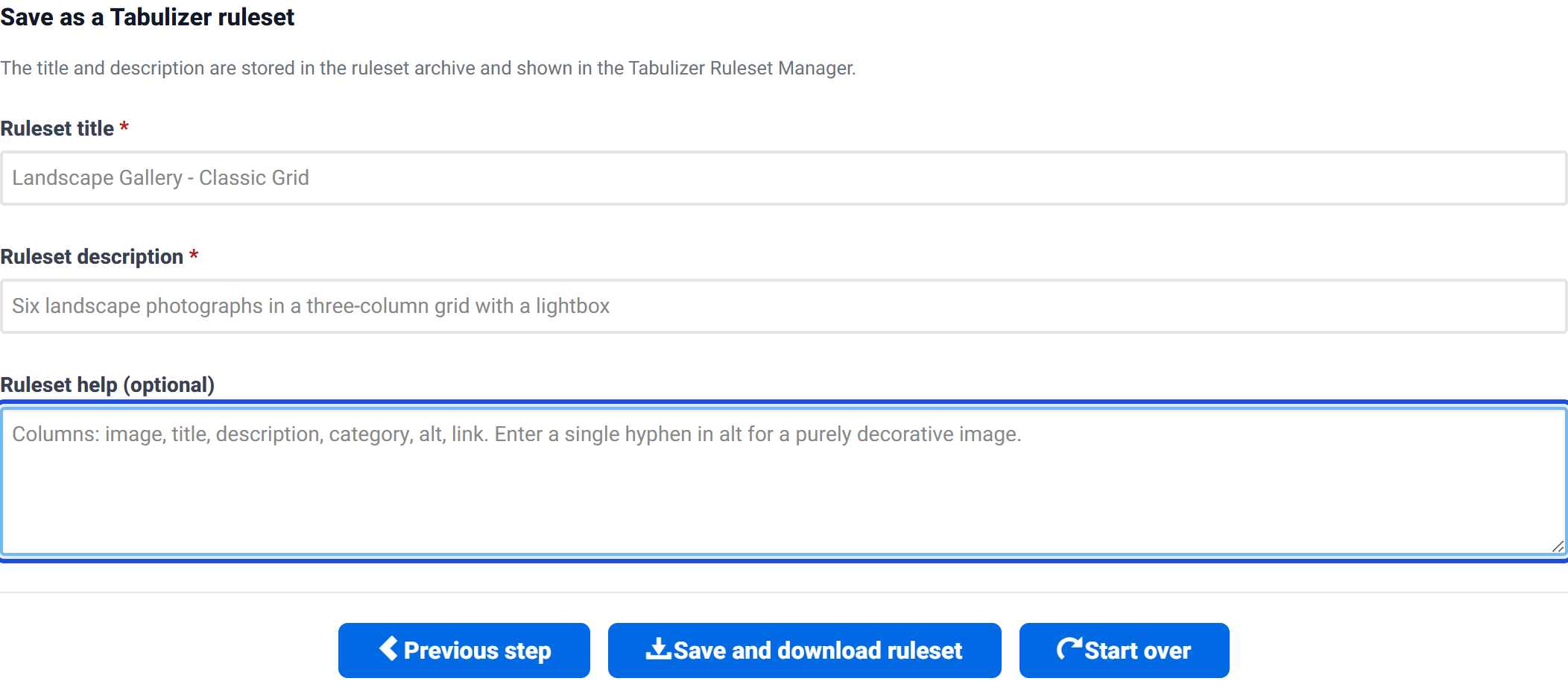 The Save as a Tabulizer ruleset form with title, description and optional help fields, and Previous step, Save and download and Start over buttons.