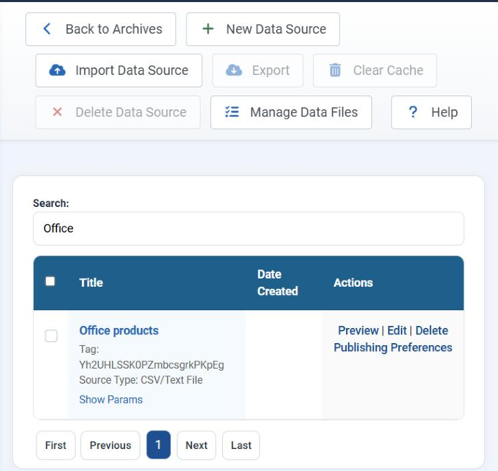 The Data Sources page of Tabulizer in Joomla, searched for Office, showing one data source: Office products, with its tag Yh2UHLSSK0PZmbcsgrkPKpEg, Source Type CSV/Text File, and the actions Preview, Edit, Delete and Publishing Preferences.