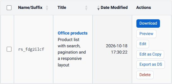 The Office products ruleset in the My Rulesets list on tabulizer.com, with its name rs_fdg2ilcf, its description, the date it was modified, and the actions Download, Preview, Edit, Edit as Copy, Export as DS and Delete.