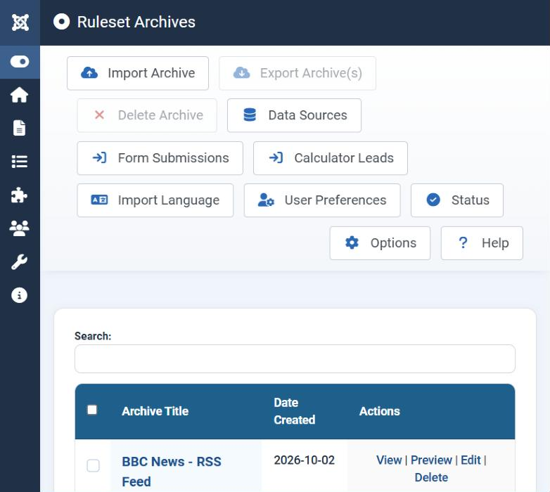 The Ruleset Archives page of Tabulizer in the Joomla 5 administrator: a toolbar with Import Archive, Export Archive(s), Delete Archive, Data Sources, Form Submissions, Calculator Leads, Import Language, User Preferences, Status, Options and Help, above a searchable list of archives with View, Preview, Edit and Delete actions.