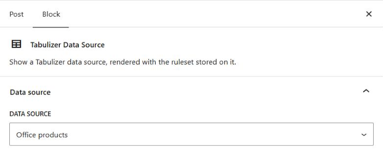 The Block tab of the WordPress settings sidebar for the Tabulizer Data Source block, described as Show a Tabulizer data source, rendered with the ruleset stored on it, with Office products chosen in the Data Source list.