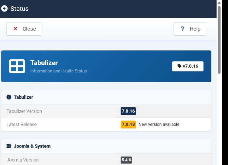 The Status page in the Joomla administrator, headed Tabulizer - Information and Health Status, showing the installed version 7.0.16, the latest release 7.0.18 marked New version available, and the beginning of the Joomla and System group.