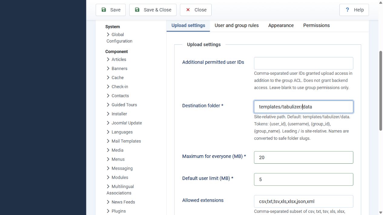 Joomla uploader Options on the Upload settings tab, showing Additional permitted user IDs, the templates/tabulizer/data destination, a 20 MB global ceiling and a 5 MB default limit.