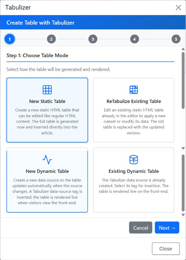 Step 1 of the Tabulizer wizard, Choose Table Mode, showing four cards: New Static Table, ReTabulize Existing Table, New Dynamic Table and Existing Dynamic Table, with New Static Table selected and a Next button below.