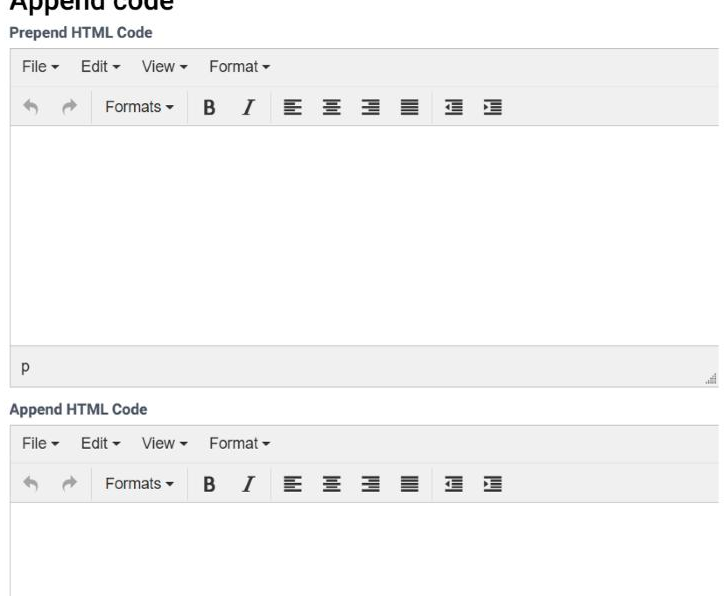 The Append code section in step 5 of the Table Wizard, showing the Prepend HTML Code and Append HTML Code rich text editors with their File, Edit, View and Format menus and formatting toolbar.