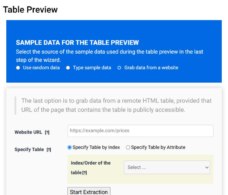 Step 1 of the Table Wizard with Grab data from a website selected, showing the Website URL field, the choice between specifying the table by index or by attribute, the Index/Order of the table menu and the Start Extraction button.