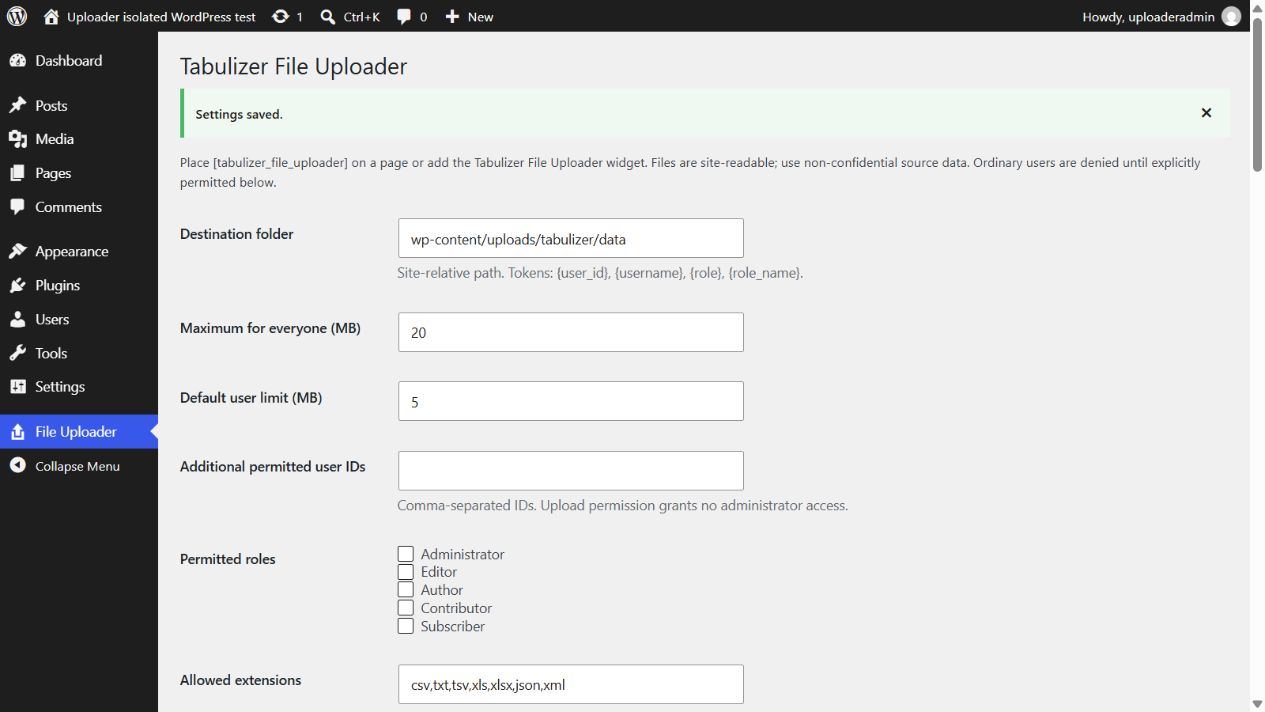 The File Uploader settings screen, showing the destination folder, global and default size limits, additional permitted user IDs and role checkboxes.