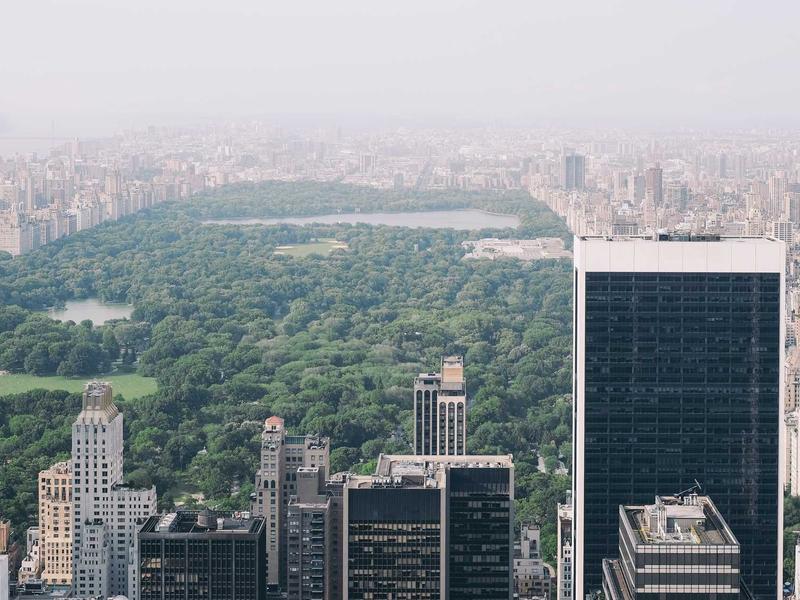 A large city park surrounded by high-rise towers seen from above