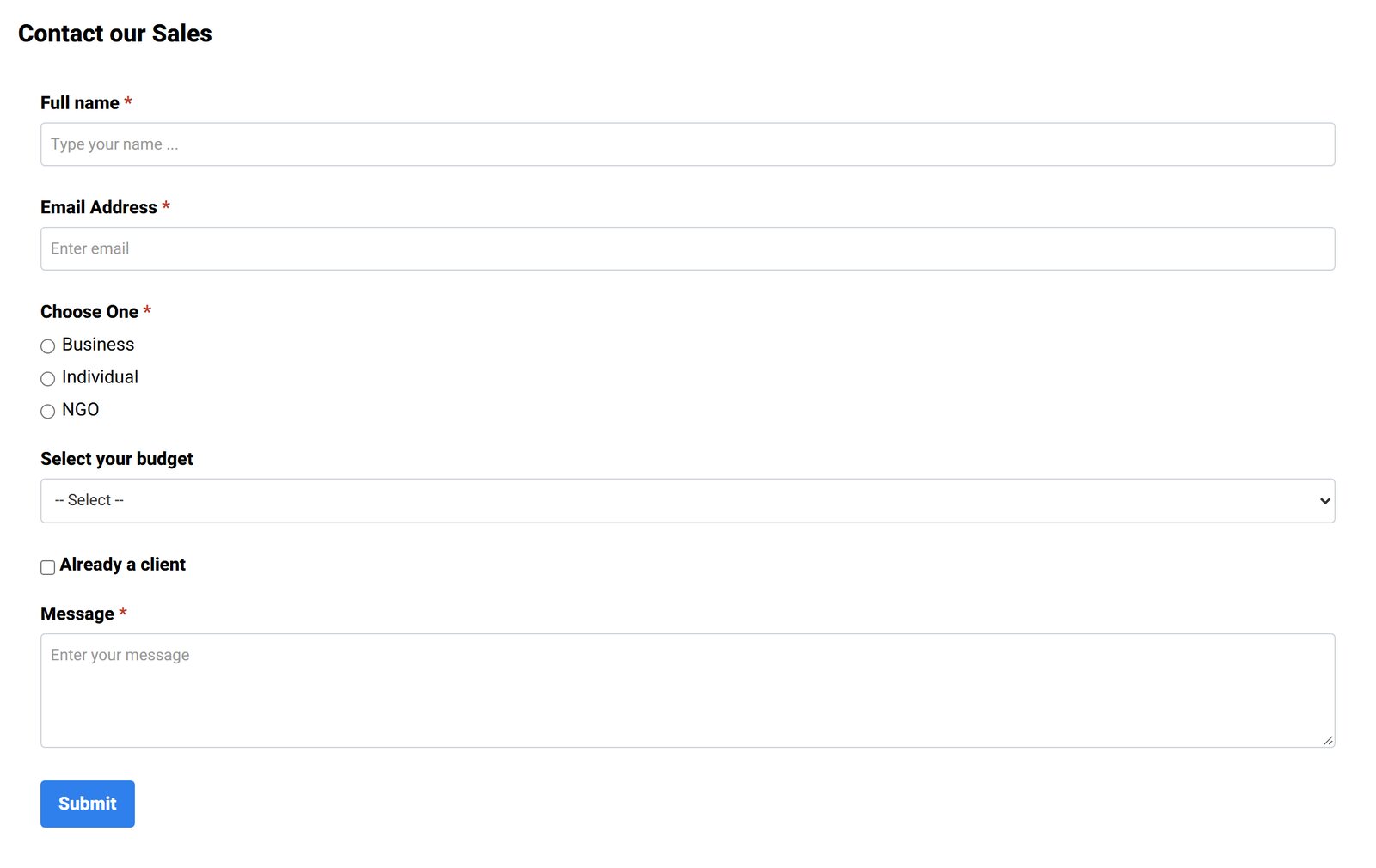 Contact form demo built with the Tabulizer Form Builder