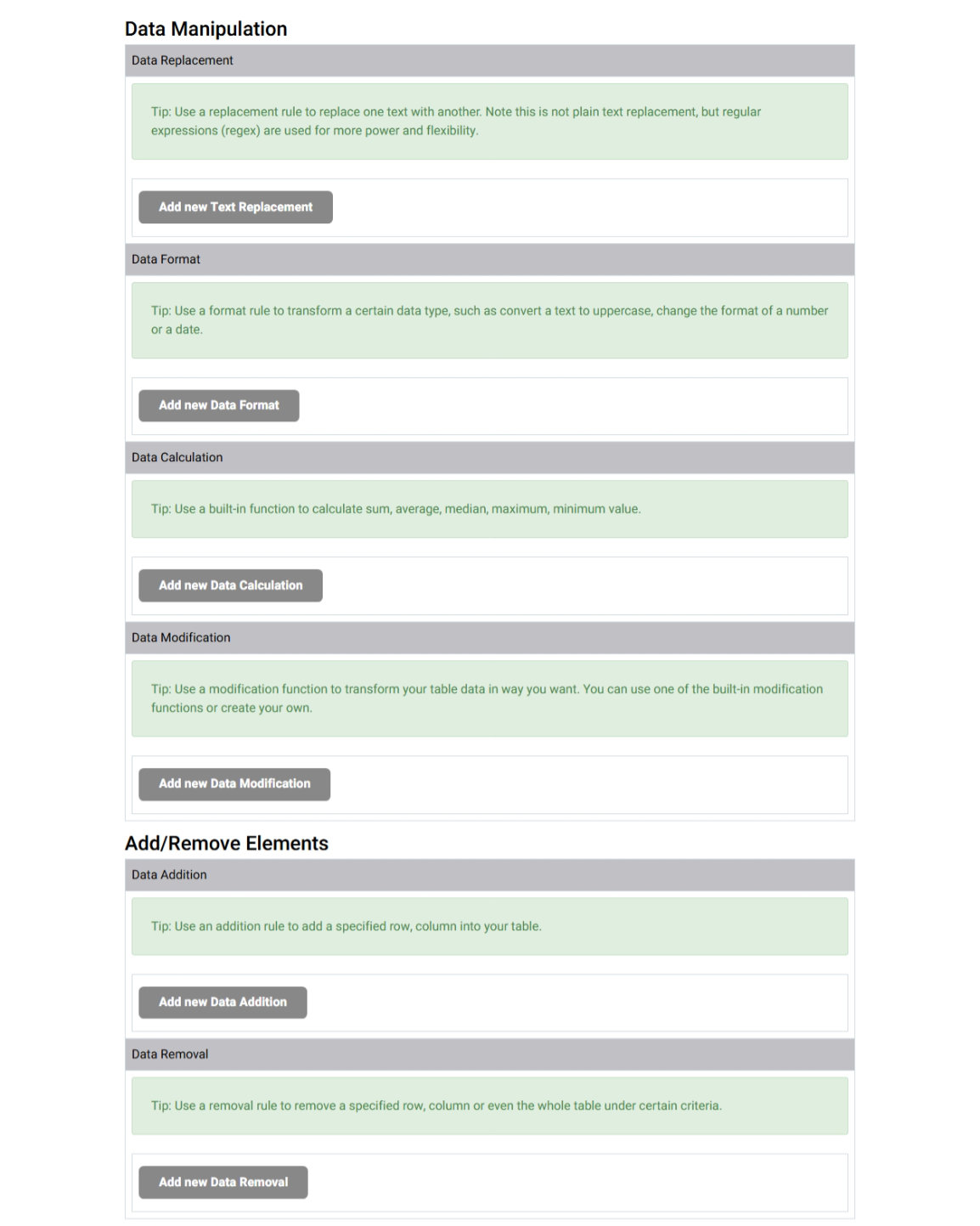 Table Wizard data manipulation step with Data Replacement, Data Format, Data Calculation, Data Modification, Data Addition and Data Removal