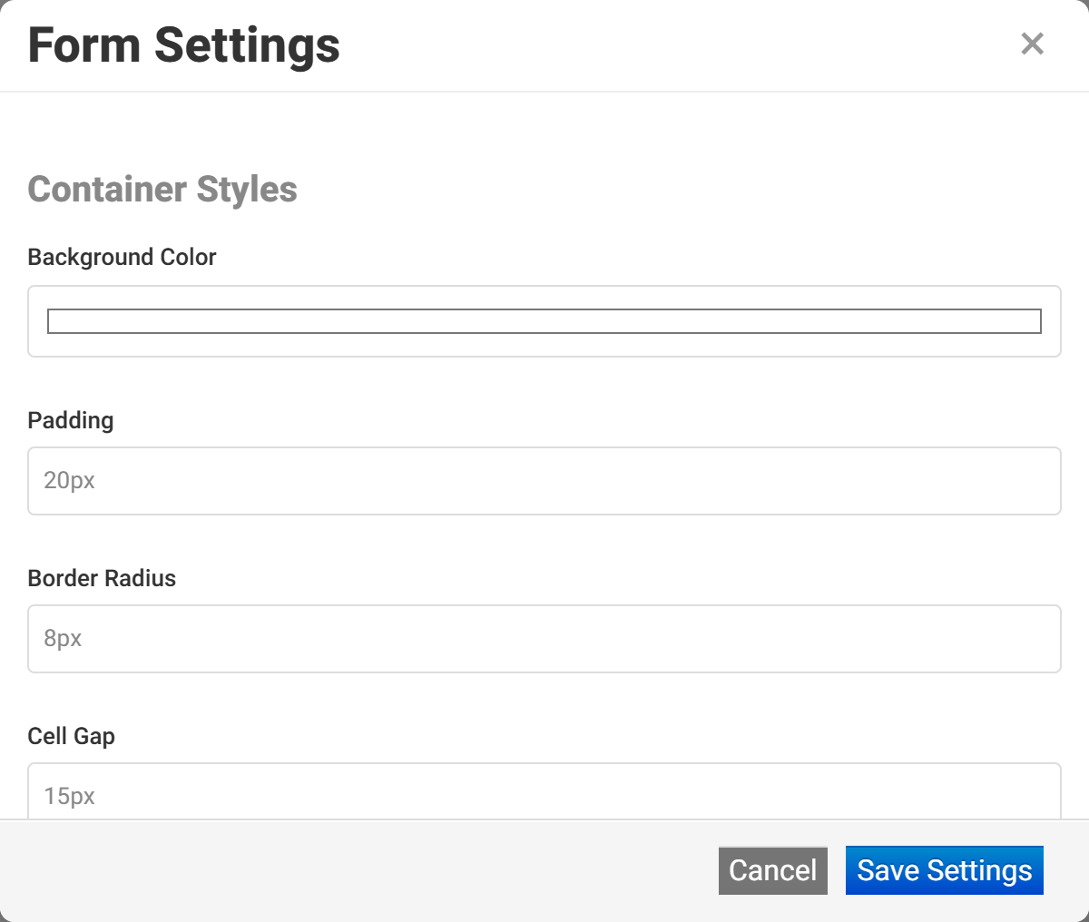 The form settings dialog with container, button and number formatting options.