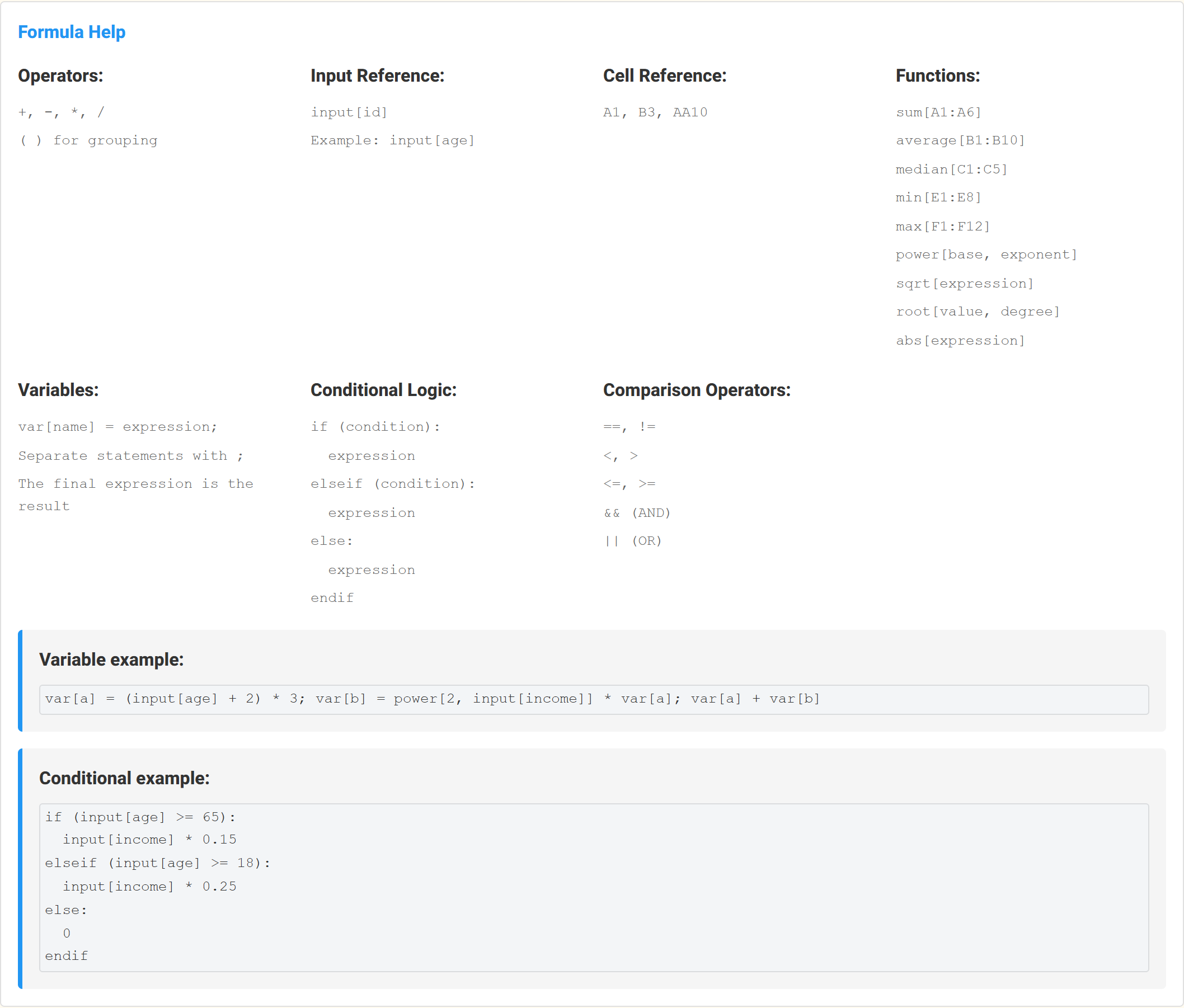 The formula help panel listing operators, input references, cell references, functions and variables.