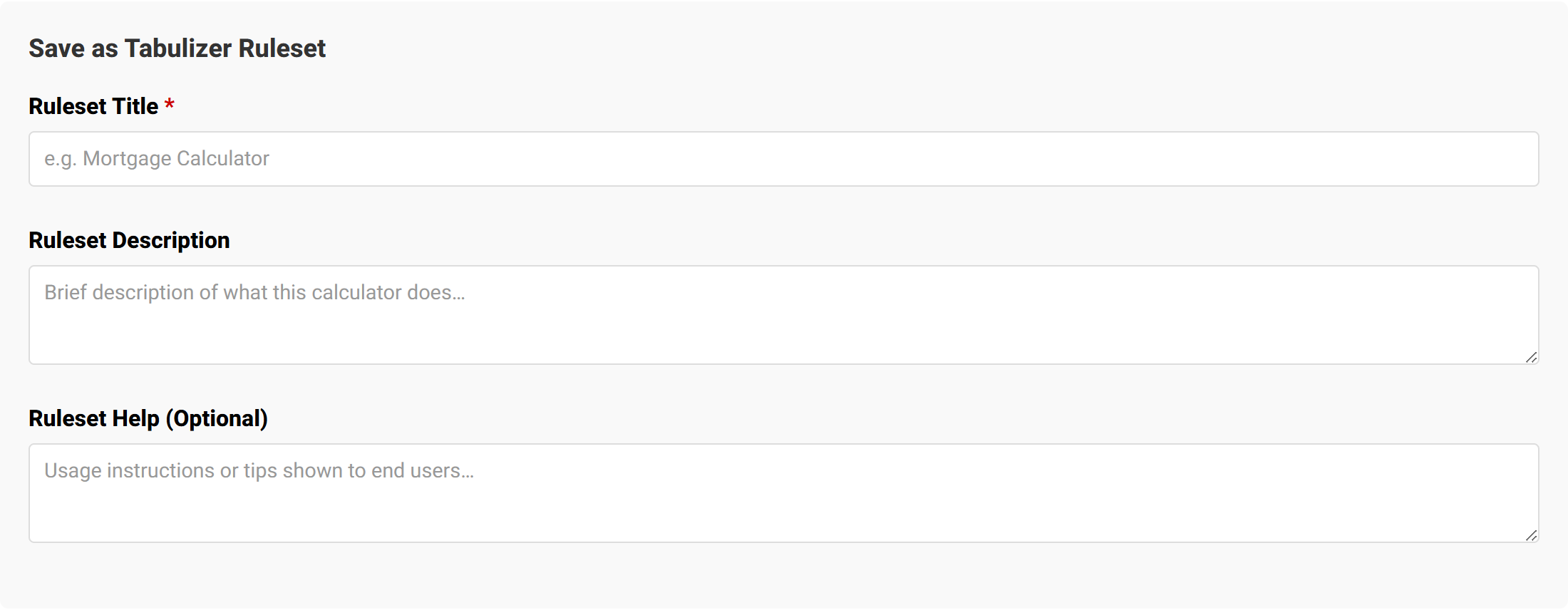 The save section with ruleset title, description and help fields, a save and download button and a start over button.