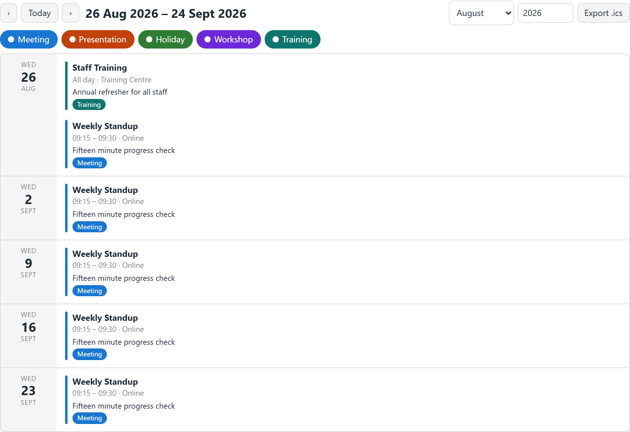 The Agenda List preview: events listed chronologically and grouped under day headings.