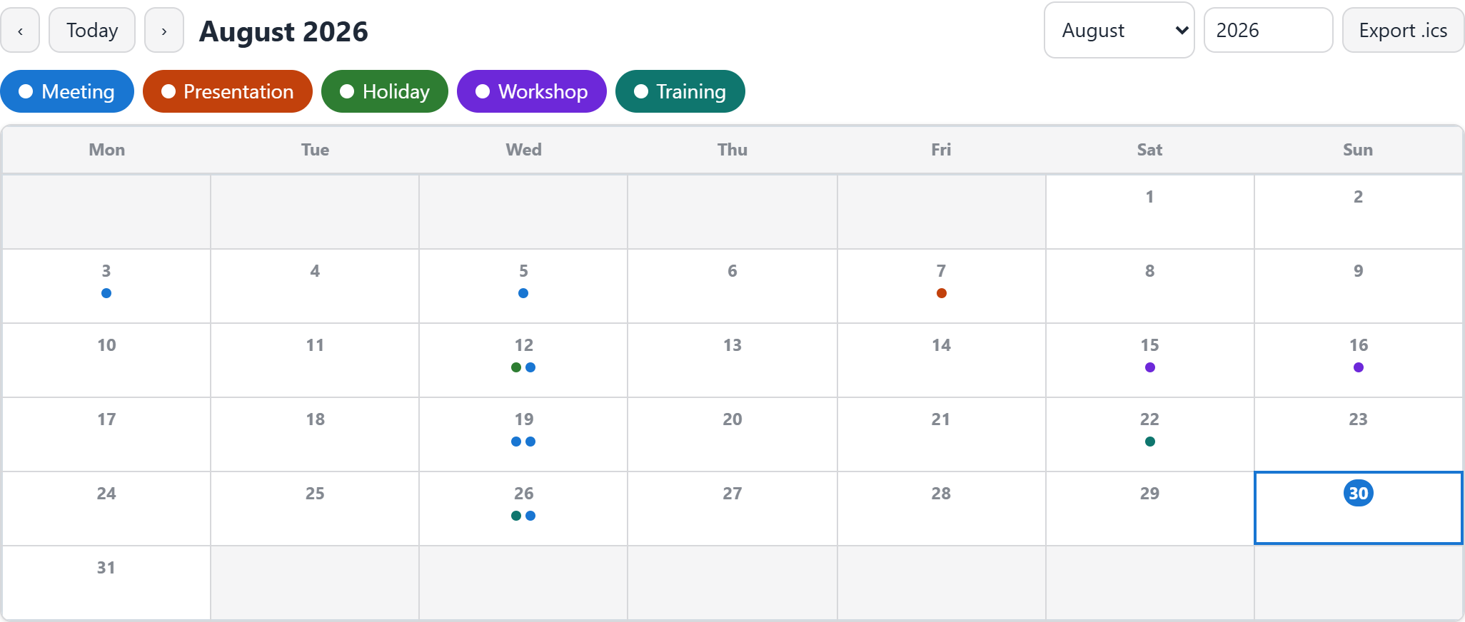 The Minimal Monthly preview: a compact month grid with coloured dots marking days that have events.