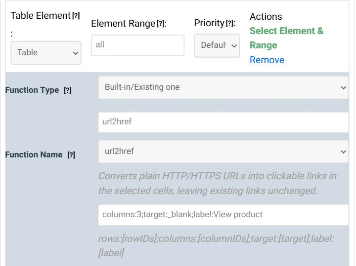 A Data Modification rule in step 5 of the Table Wizard with Function Name url2href, its description, the arguments columns:3;target:_blank;label:View product and the argument format rows, columns, target and label.