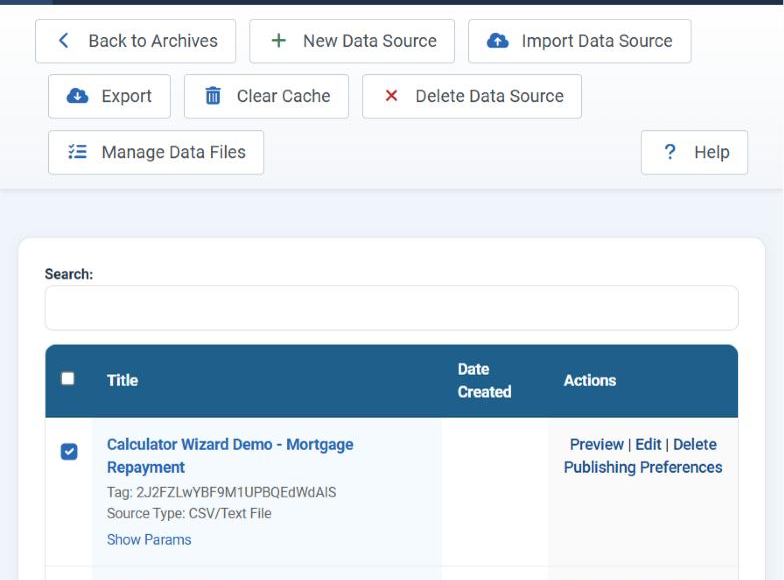 The Data Sources page in the Joomla administrator, with the toolbar buttons Back to Archives, New Data Source, Import Data Source, Export, Clear Cache, Delete Data Source, Manage Data Files and Help above a search box and the list of data sources, two of which are selected.