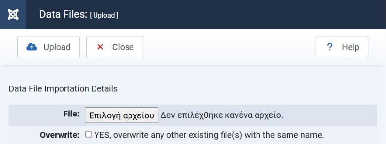 The Data Files upload page in the Joomla administrator, headed Data File Importation Details, with Upload and Close in the toolbar, a File field and an Overwrite checkbox for replacing an existing file of the same name.