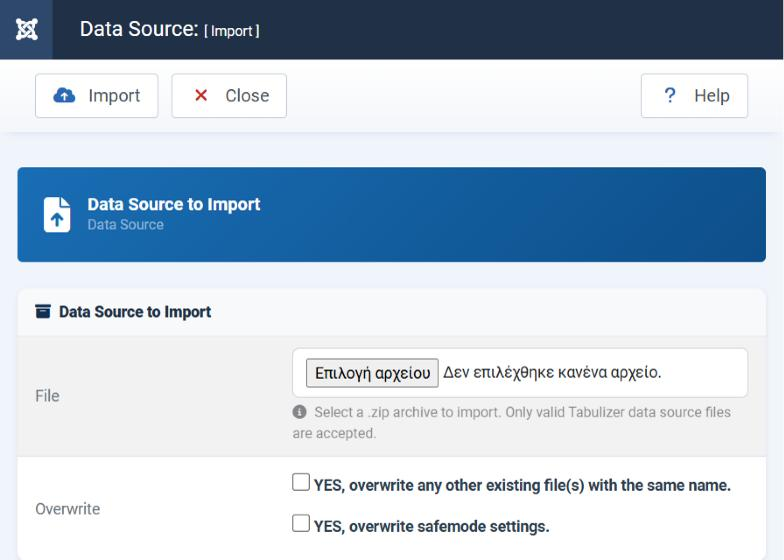 The Data Source Import page in the Joomla administrator, with Import and Close in the toolbar, a File field that accepts a zip archive, and two Overwrite checkboxes for existing files and for safemode settings.