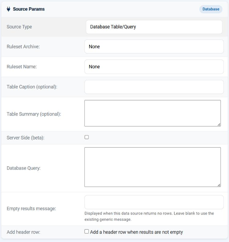 The Source Params card of a Database Table/Query data source in the Joomla administrator, showing the common fields and then the Database Query text area, Empty results message and the Add header row checkbox, followed by the Cache card.