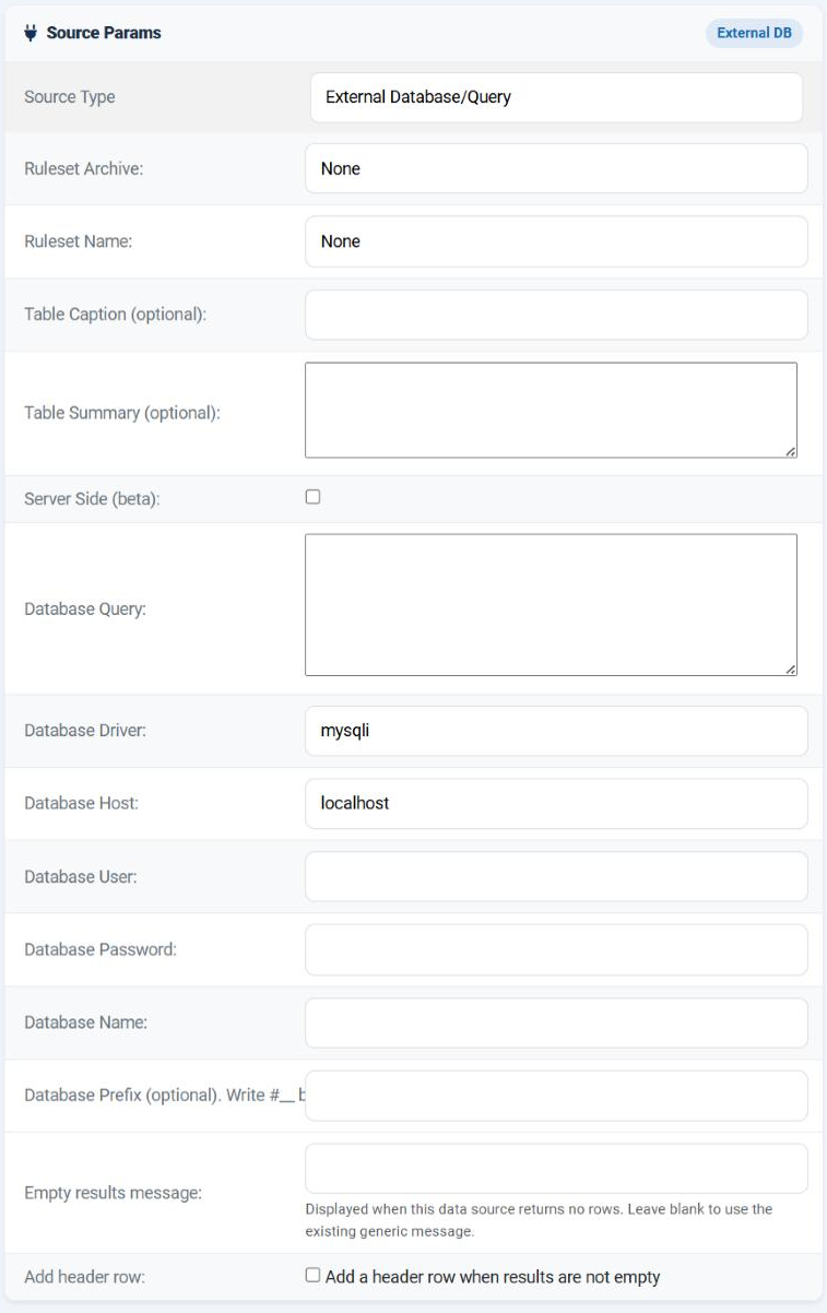 The Source Params card of an External Database/Query data source in the Joomla administrator, showing the common fields and then the Database Query text area, Database Driver, Database Host, Database User, Database Password, Database Name, Database Prefix, Empty results message and the Add header row checkbox.