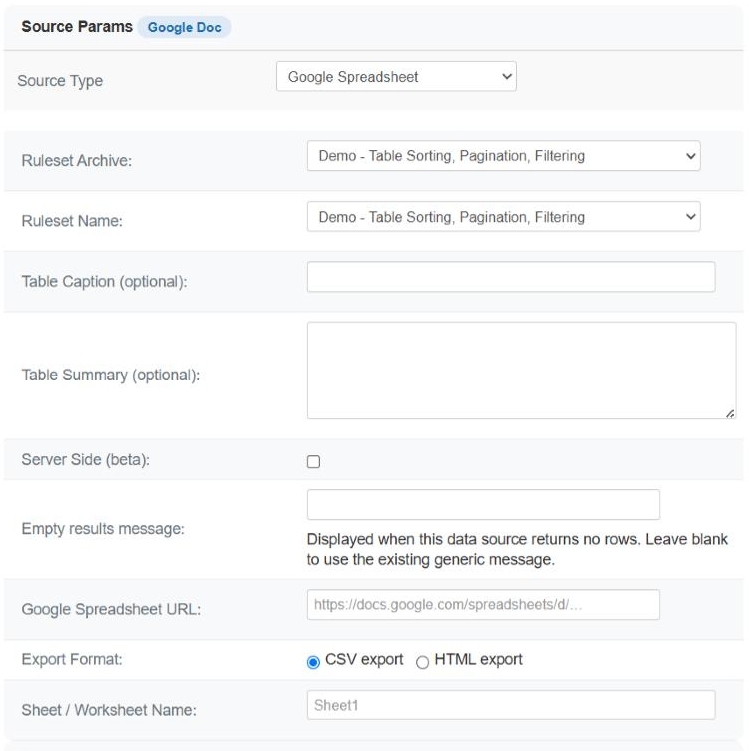 The Source Params card of a Google Spreadsheet data source in the Joomla administrator, showing the common fields and then Google Spreadsheet URL, Export Format with its CSV export and HTML export radio buttons, and Sheet / Worksheet Name, followed by the Cache card.