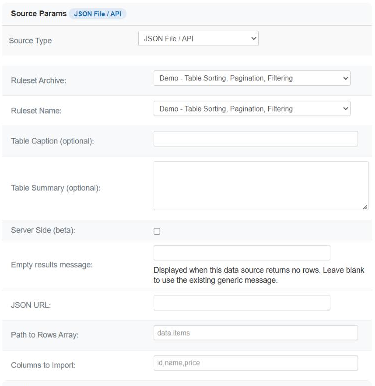 The Source Params card of a JSON File / API data source in the Joomla administrator, showing the common fields and then JSON URL, Path to Rows Array with the placeholder data.items, and Columns to Import with the placeholder id,name,price, followed by the Cache card.