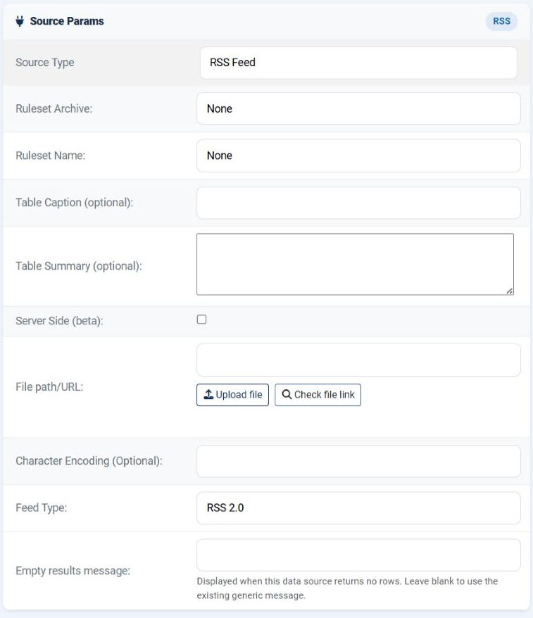 The Source Params card of an RSS Feed data source in the Joomla administrator, showing the common fields and then File path/URL with its Upload file and Check file link buttons, Character Encoding, the Feed Type dropdown set to RSS 2.0, and Empty results message.