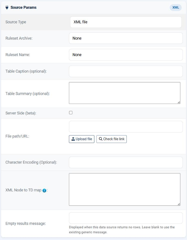 The Source Params card of an XML file data source in the Joomla administrator, showing the common fields and then File path/URL with its Upload file and Check file link buttons, Character Encoding, the XML Node to TD map text area with its help icon, and Empty results message.