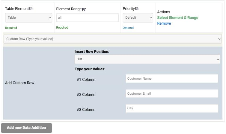 A Data Addition rule in step 5 of the online Table Wizard: Table Element Table, Element Range all, Custom Row selected, Insert Row Position 1st, and the values Customer Name, Customer Email and City typed for columns 1 to 3.