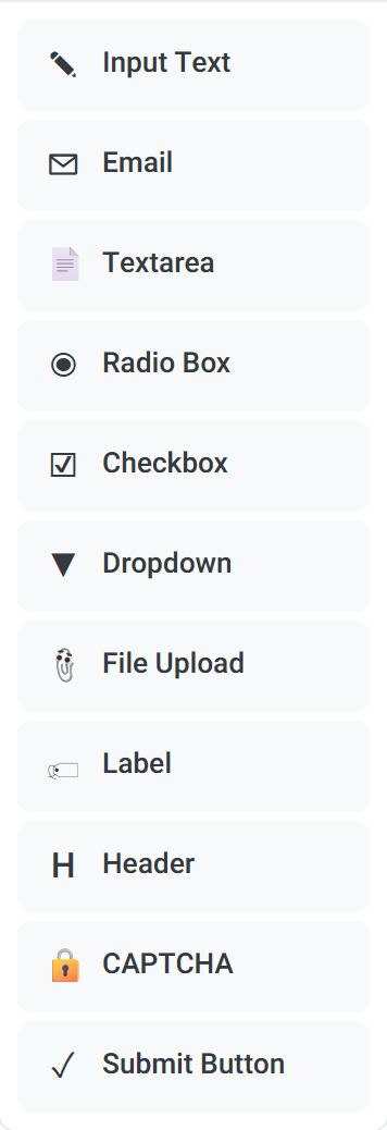 The elements palette listing input text, email, textarea, radio box, checkbox, dropdown, file upload, label, header, CAPTCHA and submit button.