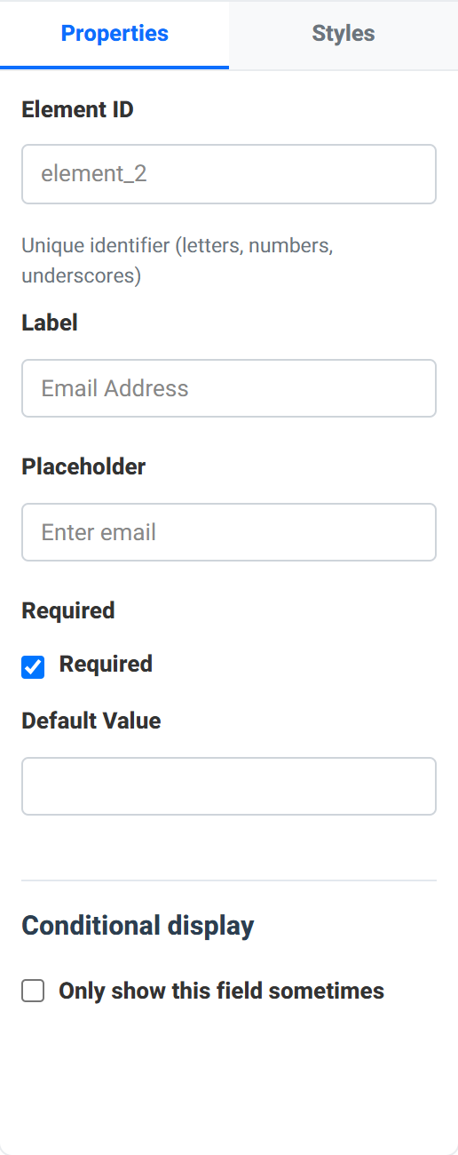 The properties panel for an email field showing element ID, label, placeholder, required checkbox, default value and a conditional display section.