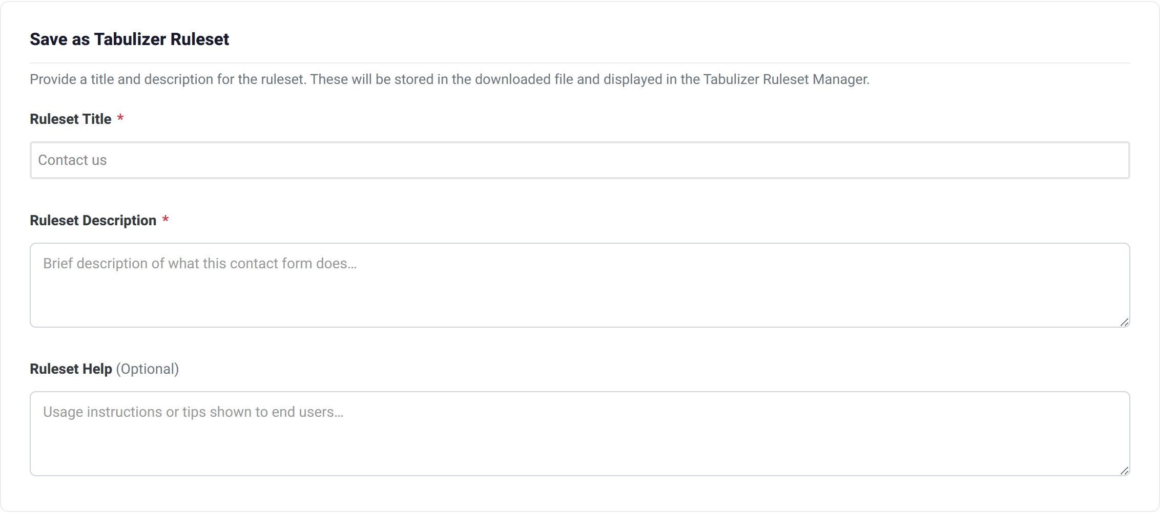 The save section with ruleset title, description and optional help fields.