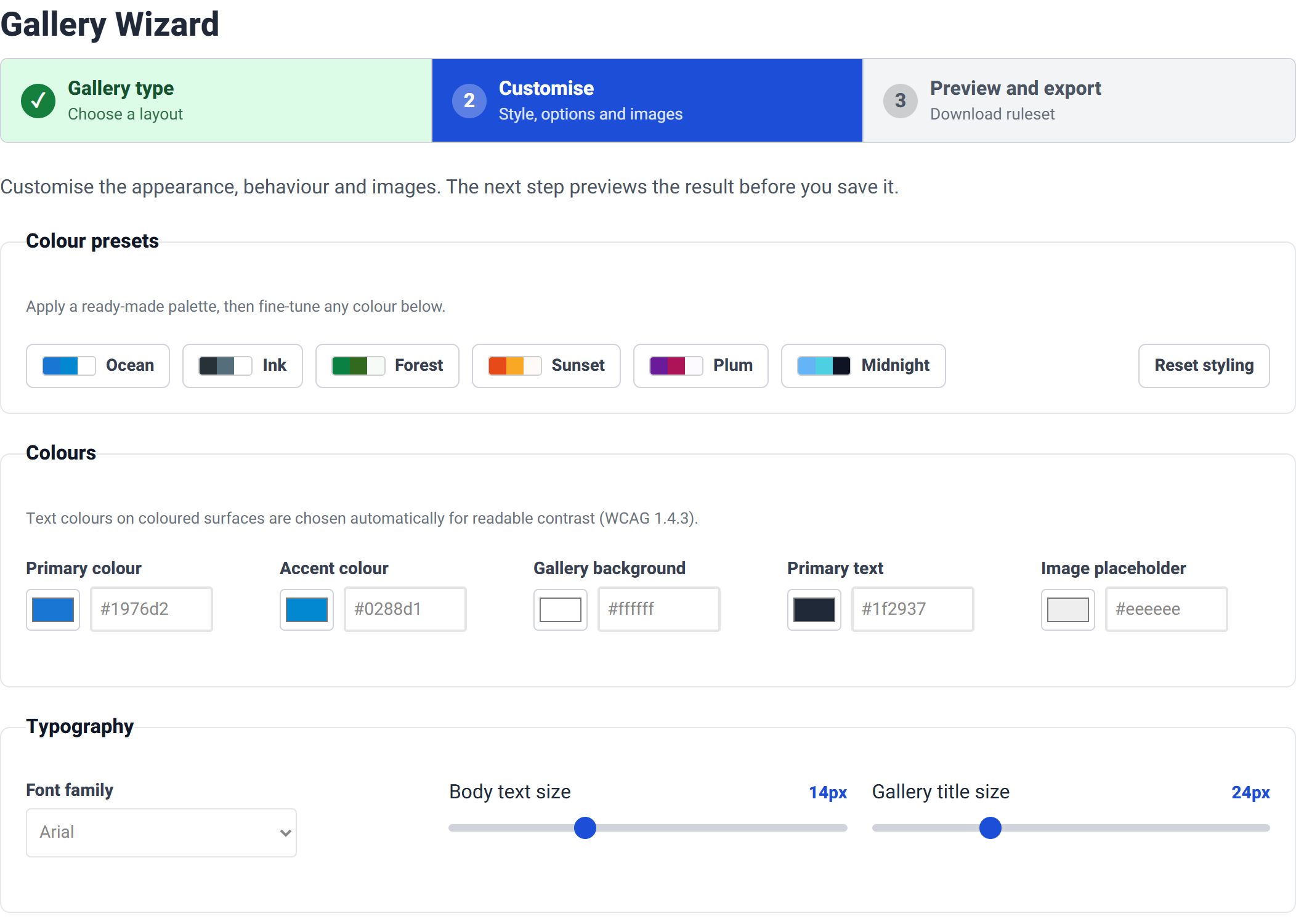 The top of Step 2, showing the progress bar with Step 1 ticked, the colour presets row and the beginning of the colours group.